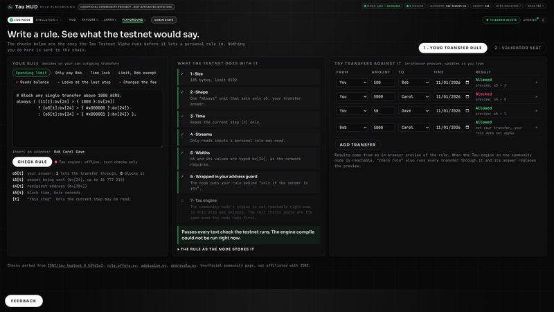 Playground: write a transfer rule and see the testnet's checks